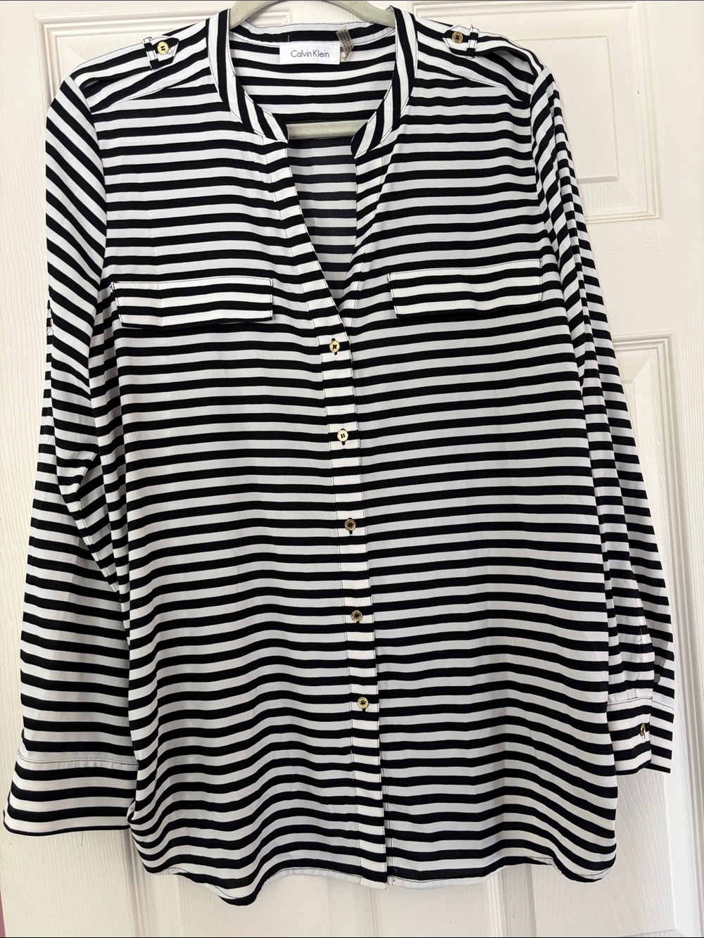 Calvin Klein Black and White Striped Button-Front Shirt